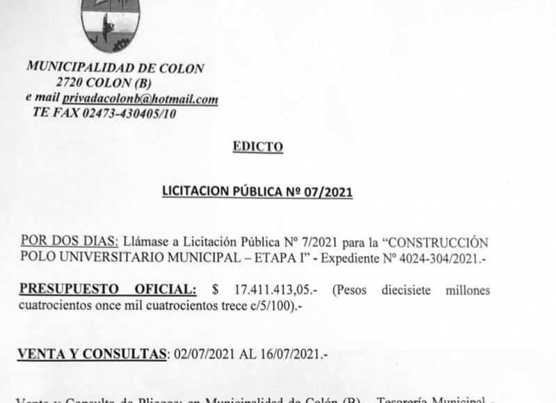 La Municipalidad de Colón llamó a Licitación Pública número 7/2021 para la obra de "Construcción del Polo Universitario Municipal - Etapa 1".