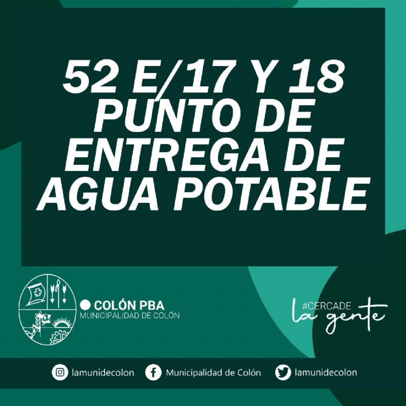 La Municipalidad de Colón informa que además de la entrega de bidones para consumo humano mediante las llamadas al 421811, también se ha dispuesto un punto fijo de entrega en edificio municipal con ingreso por calle 52 entre 17 y 18.