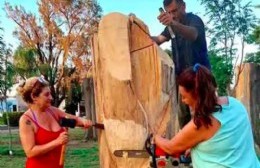 Comenzaron a tallar los árboles tronchados de la plaza